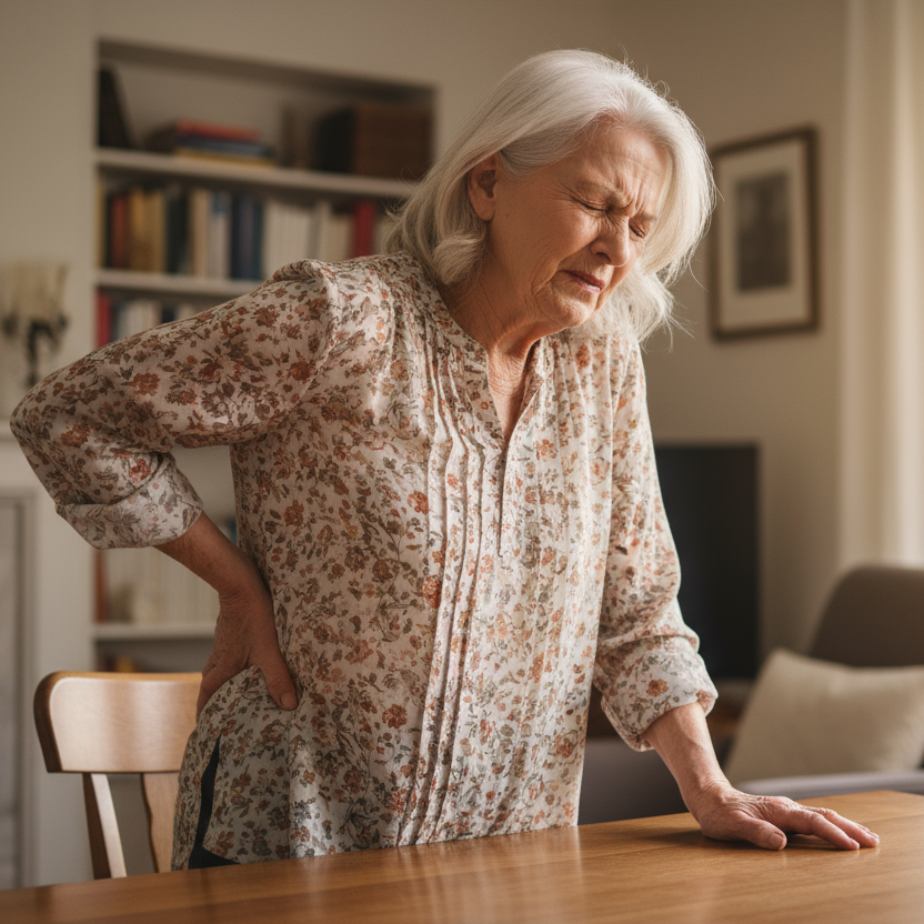 hãy tạo cho tôi 1 bức ảnh bà cụ đang đau lừng 1 tay để lên lưng 1 tay để lên bàn trông thật đau khổ